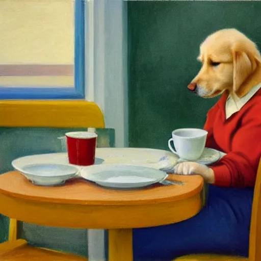 Prompt: golden retriever puppy sitting at a diner drinking a cup of coffee, looking melancholy, edward hopper,