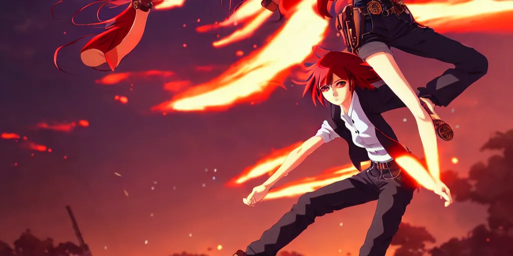 Image similar to makoto shinkai, artgerm, ilya kuvshinov, steampunk beautiful anime woman, red shirt brown pants, black and red hair hair, symmetrical face, symmetrical eyes, second anime woman with orange hair and black pants, action scene, shooting fire war, detailed, summer setting, cinematic lighting