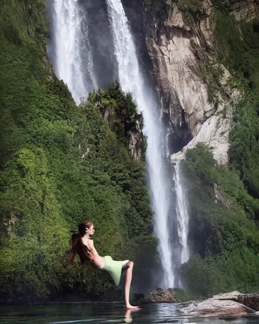 Image similar to a sharp photo of emma watson standing in a yoga pose wearing short translucent skirt standing underneath a waterfall :: trending on artstation, morning, photoreal, ue5