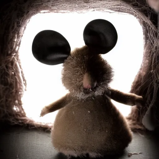 Prompt: real fluffal mouse inside creepy scary nightmare atmosphere, realsitic