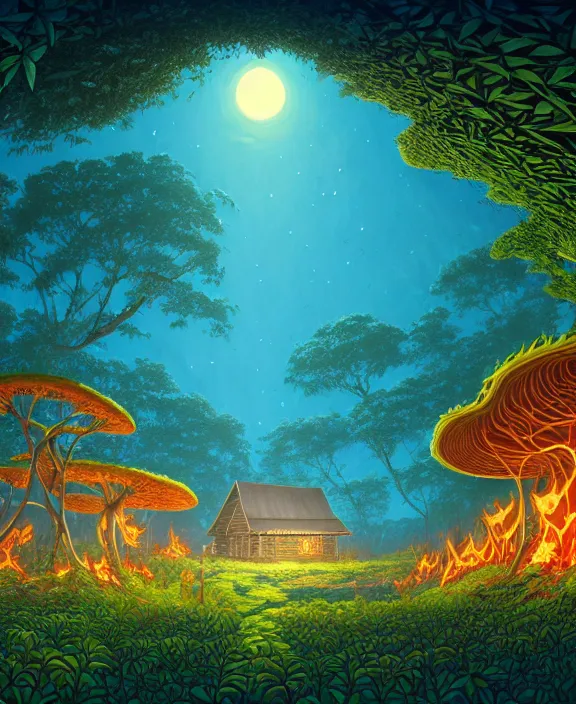 Image similar to simplicity, an simple schoolhouse made out of exotic fungus, overgrown with lush floral jungle, milky way, hellscape, hell, fire, brimstone, lava, by dan mumford, yusuke murata, makoto shinkai, ross tran, cinematic, unreal engine, cel shaded, featured on artstation, pixiv