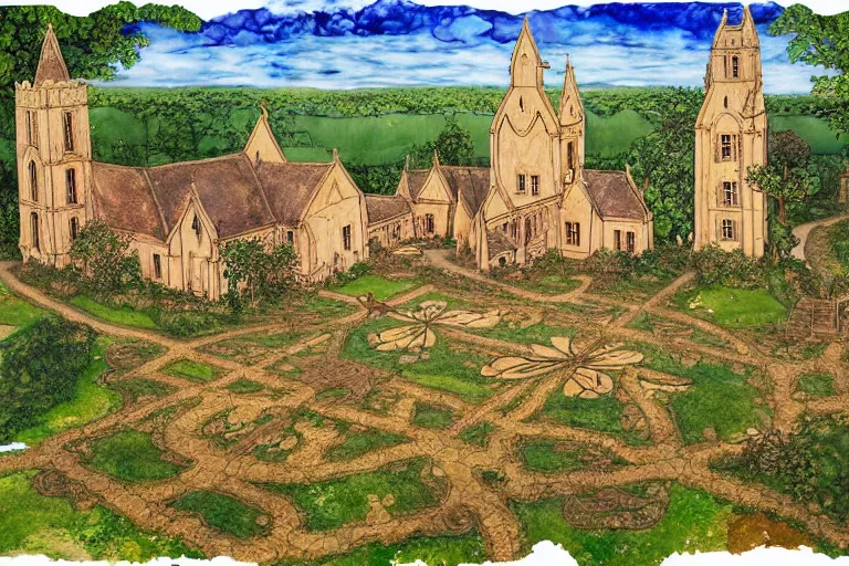 Image similar to an elaborate and dense painting of the peaceful redwall abbey in mossflower wood, detailed, made of alcohol ink on parchment and penned illustrations, by brian jacques and greg rutowski
