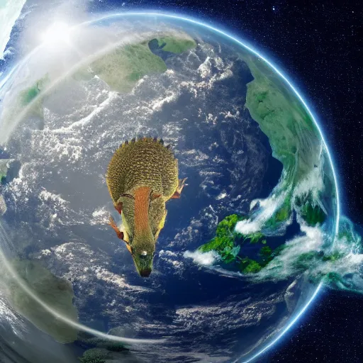 Image similar to a giant lizard holding the planet earth, cinematic, satellite photo, high resolution 8k,