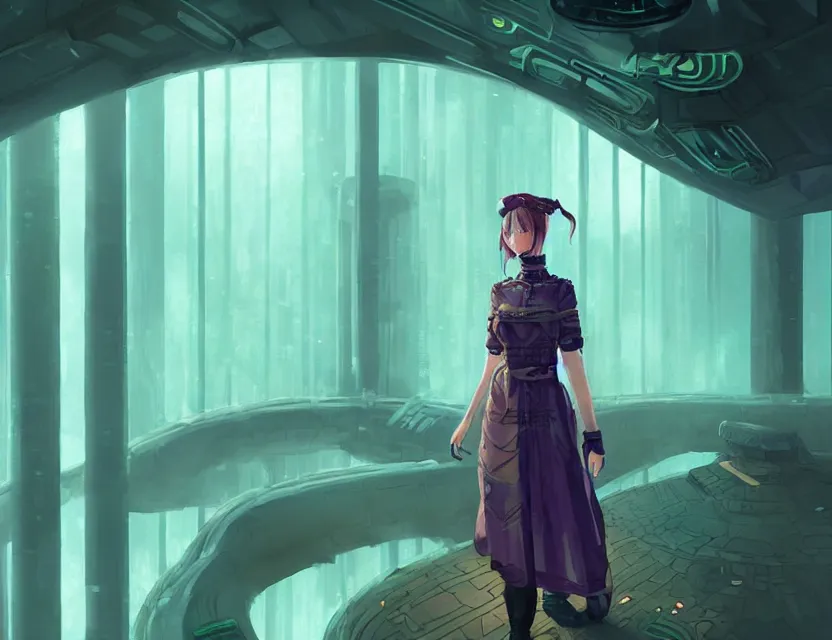 Prompt: viking scifi pastry chef in a cloud forest cafe, wearing a lovely dress with cyberpunk elements. this oil painting by the award - winning mangaka has an interesting color scheme and impeccable lighting.