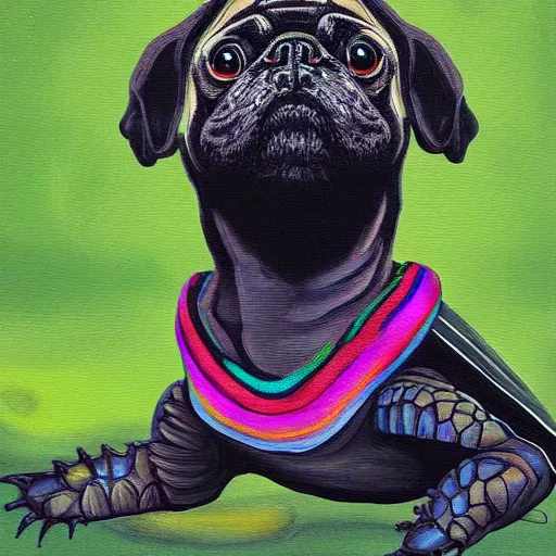 Prompt: a painting of a turtle riding a black pug, colourful, digital art