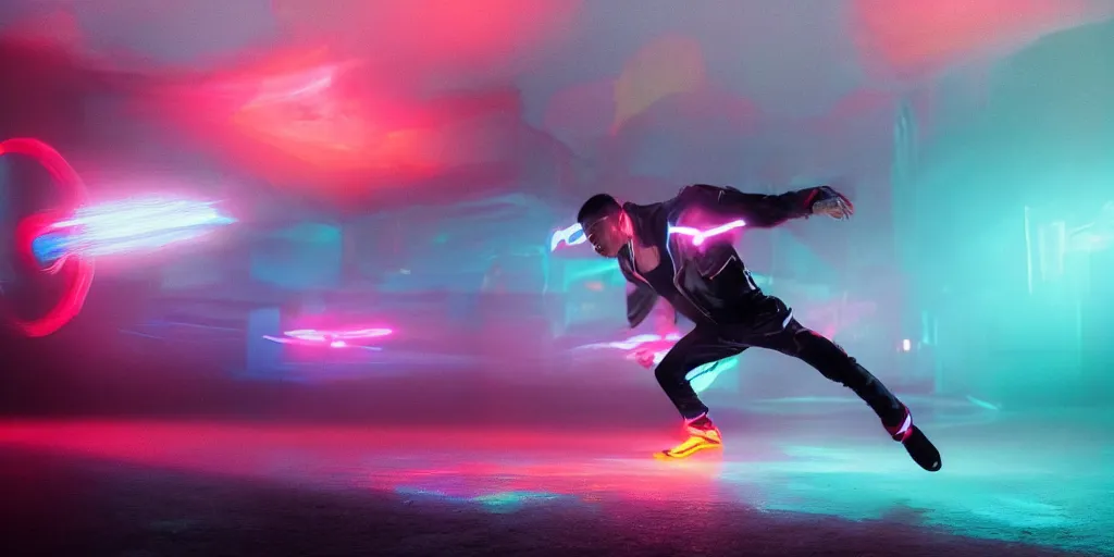 Prompt: cinematic camera wide angle of slow motion film still of futuristic break dancer wearing neon lights, long exposure shot , at night in the middle of an environment with only water and fog, paddle of water, water splashes, rim lights, glossy reflections, water droplets on lens, detailed and soft, by Ruan Jia and Mandy Jurgens and Artgerm and william-adolphe bouguereau and Greg Rutkowski and Wayne Barloweglints, lens flares