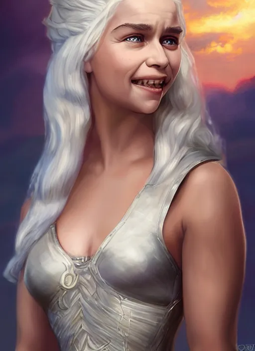 Prompt: emilia clarke as queen daenerys stormborn smiling, by anne stokes and larry elmore, detailed matte painting, realistic portrait, symmetrical, highly detailed, digital painting, artstation, concept art, smooth, sharp focus, illustration, cinematic lighting, 8 k resolution