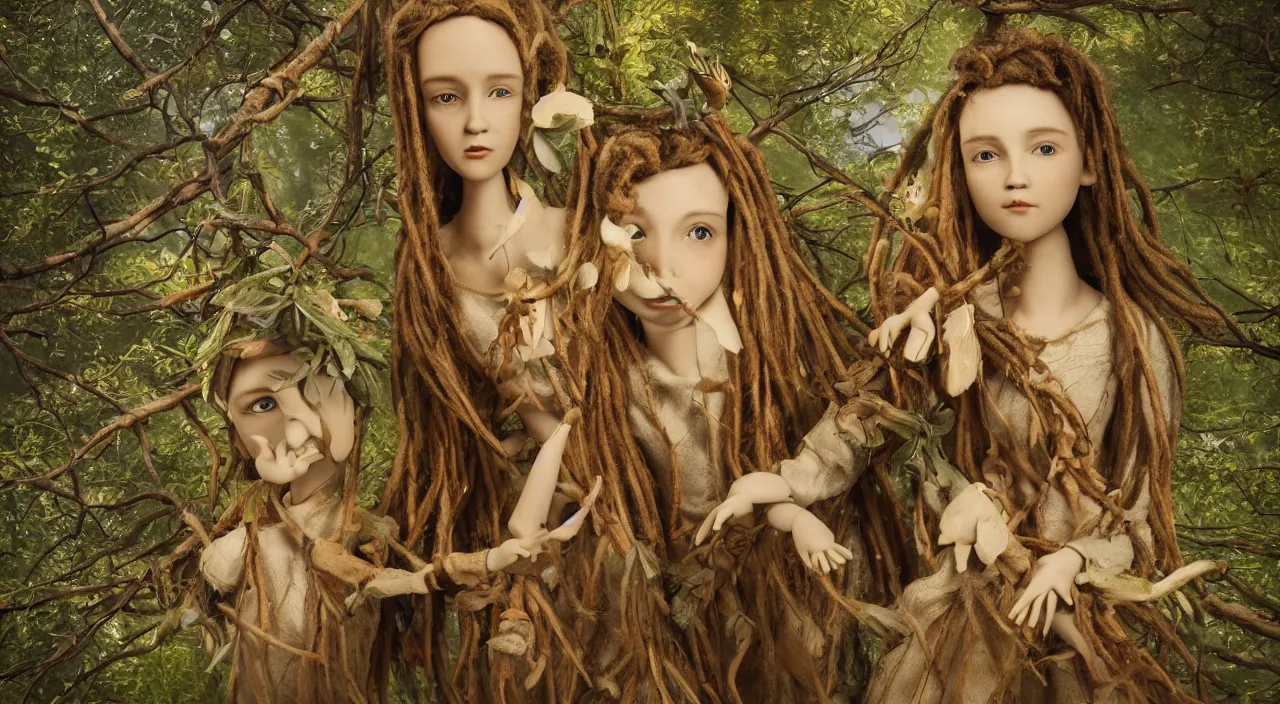 Prompt: a cinematic portrait of a beautiful female jointed handmade wooden art doll, made of wood, dreadlocks with twigs and branches, reaching out to each other, oak trees, oak leaves, acorns, dendritic, by james c. christensen, by brian froud, by raphael, 8 k, rendered in octane, 3 d, volumetric lighting, detailed