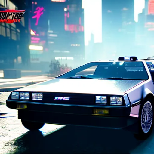 Image similar to flying dmc 1 2 delorean in cyberpunk 2 0 7 7