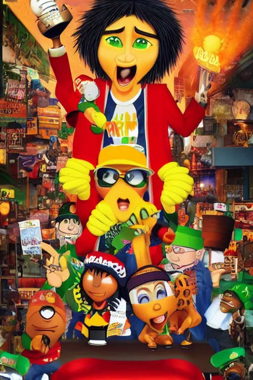 Image similar to parappa the rapper and tommy wiseau, ghanaian movie poster, highly detailed, olive garden, explosions, pasta, high octane render, hd, realism