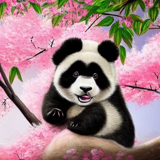 Image similar to cute fluffy baby panda cub sitting under a pink cherry blossom tree japanese landscape detailed painting 4K