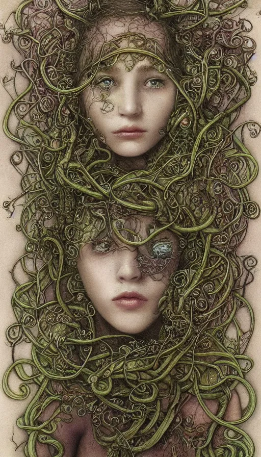 Image similar to very detailed portrait of a 2 0 years old girl surrounded by tentacles, the youg woman visage is blooming from fractal and vines, by brian froud