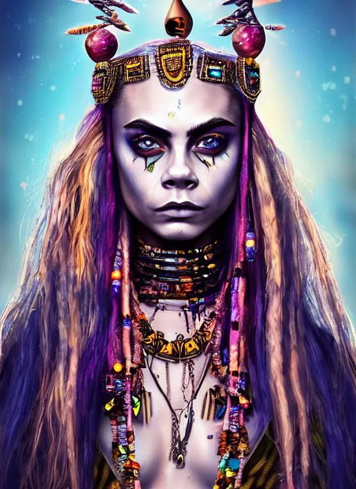 Image similar to cara delevingne as a voodoo priestess, detailed digital art, trending on Artstation