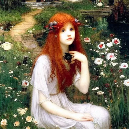 Image similar to fairy garden, beautiful, magical, young girls, ginger haired sweet girl, black haired goth girl, john william waterhouse, ethereal