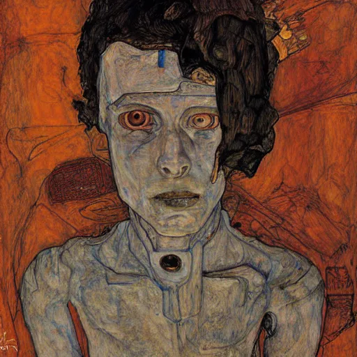 Image similar to portrait of a robot by egon schiele in the style of greg rutkowski