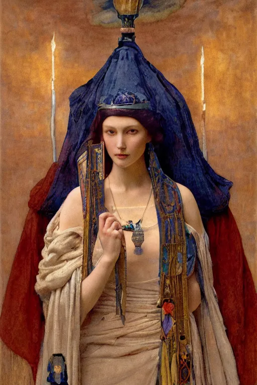 Prompt: portrait of the last queen of the dawn mountains with her lantern and regalia, by Annie Swynnerton and Nicholas Roerich and John Bauer and John William Godward and Donato Giancola and Vermeer, embroidered velvet, iridescent beetles, rich color, ornate headdress, flowing robes, lost runes, ancient civilizations, dramatic cinematic lighting, featured on Artstation, extremely detailed