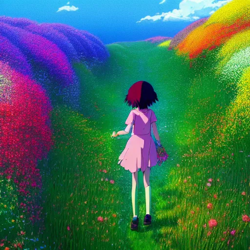 Image similar to a beautiful ultra - detailed panorama of a girl walking through a field of colorful flowers by beeple, studio ghibli, makoto shinkai, wallpaper, highly detailed, trending on artstation, anime