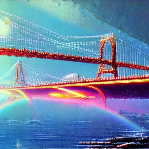 Image similar to floating holographic krang spaceship floating underneath rainbow gate bridge, art by bruce pennington, cinema still, film grain