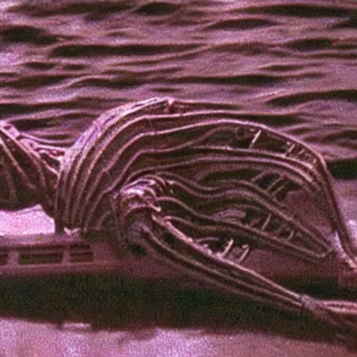 Prompt: an alien crawling on a boat. in the style of junji ito. photograph from horror film.