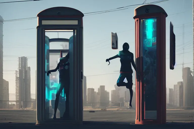 Prompt: a person jumping in the air in front of a phone booth, cyberpunk art by beeple, cgsociety contest winner, retrofuturism, octane render, concept art, dystopian art