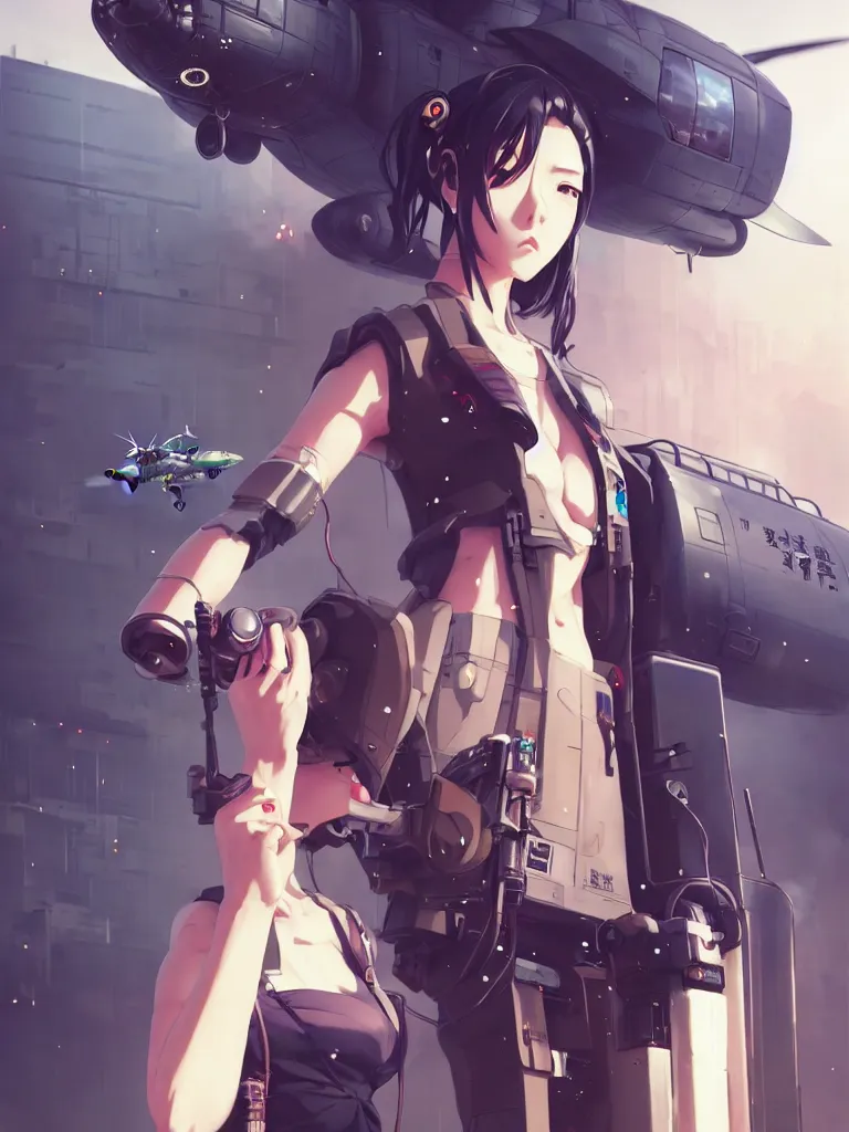 Prompt: Close-up Beautiful full body portrait of beautiful cyberpunk anime woman smoking a cigarette, standing in front of a cyborg repair shop, while a futuristic military helicopter flies overhead, by Greg Rutkowski and Krenz Cushart and Pan_Ren_Wei and Hongkun_st and Bo Chen and Enze Fu and WLOP and Alex Chow, Madhouse Inc., anime style, crepuscular rays, set in rainy futuristic cyberpunk Tokyo street, dapped light, dark fantasy, feminine figure, smooth skin, gorgeous, pretty face, beautiful fashion model body, high detail, hyper realistic, cgsociety, trending on artstation