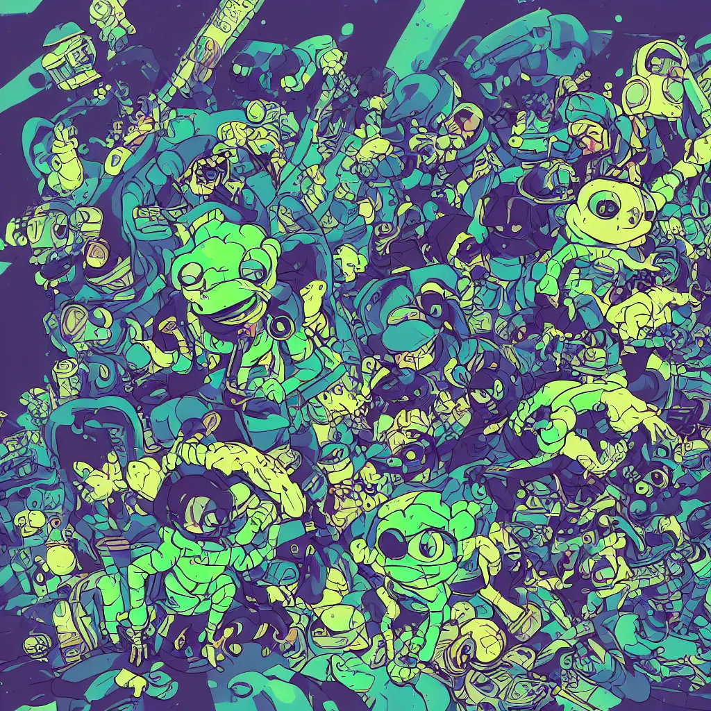 Image similar to toads, deconstructed amphibian, ryuta ueda artwork, breakcore, style of jet set radio, y 2 k, gloom, space, cel - shaded art style, indigo rainbow, data, minimal, code, cybernetic, dark, eerie, cyber