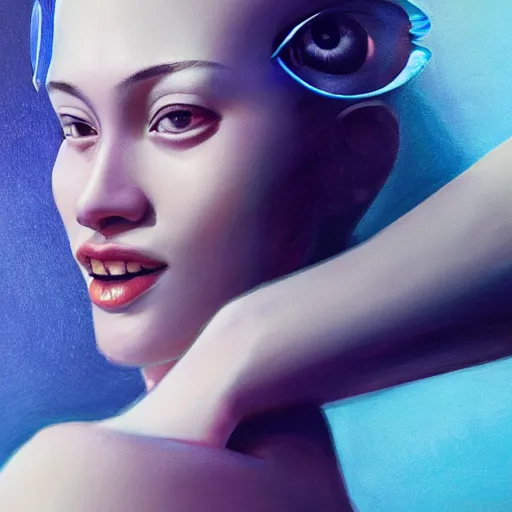 Image similar to 3 d, sci - fi, close - up, morning, smiling fashion model face, sun, cinematic, clouds, sun rays, vogue cover style, poster art, blue mood, realistic painting, intricate oil painting, high detail illustration, figurative art, multiple exposure, poster art, 3 d, by tooth wu and wlop and beeple and greg rutkowski