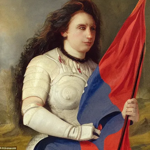 Image similar to a mid-shot portrait of a victorious woman in a dirty full plate armor holding a burning flag