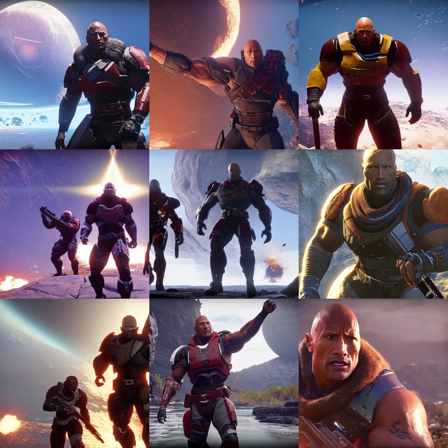 Prompt: gameplay screenshot of dwayne johnson as a titan in destiny 2,