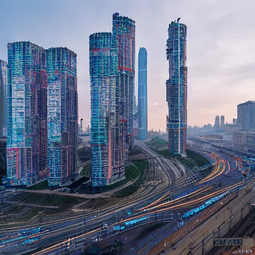 Image similar to Moscow, Russia, 2045, wide angle camera, cyberpunk