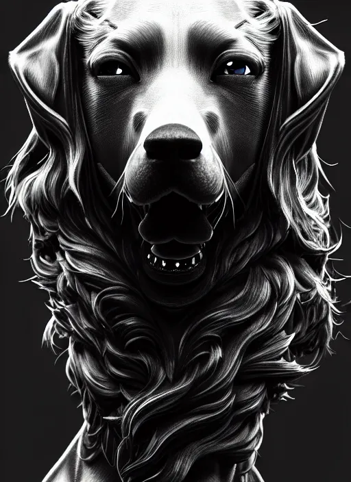 Image similar to dog as a god with flow hair and green eyes, very detailed face, black and white, detailed features, fantasy, circuitry, explosion, dramatic, intricate, elegant, highly detailed, digital painting, artstation, concept art, smooth, sharp focus, illustration, art by gustave dore, octane render