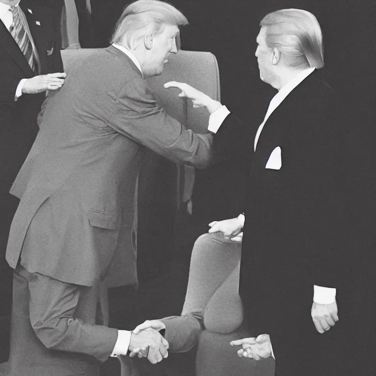 Prompt: A sinister grey space alien shaking hands with the President of the United States, official portrait