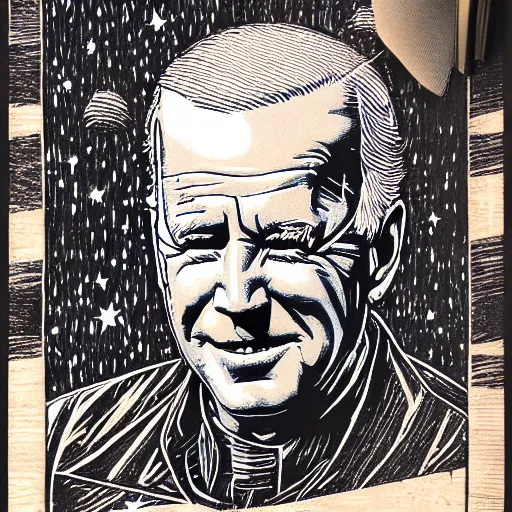 Image similar to Woodcut portrait of joe biden by falling into the stars greg rutkowski, 4k, intricate details