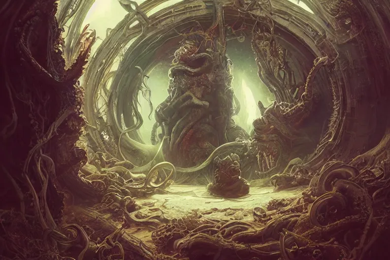 Image similar to a lovecraftian painting of a demonic portal, cosmic horror elements, ultra realistic, concept art, intricate details, eerie, highly detailed, photorealistic, octane render, 8 k, unreal engine. art by artgerm and greg rutkowski and alphonse mucha