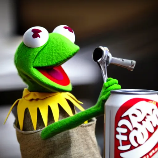 Image similar to kermit the frog chasing a soda can in the style of muppets by jim hansen