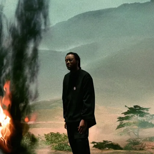 Image similar to cinematic film still of Kendrick Lamar starring as a Japanese Sensei with fire, Japanese CGI, VFX, 2003, 40mm lens, shallow depth of field, film photography