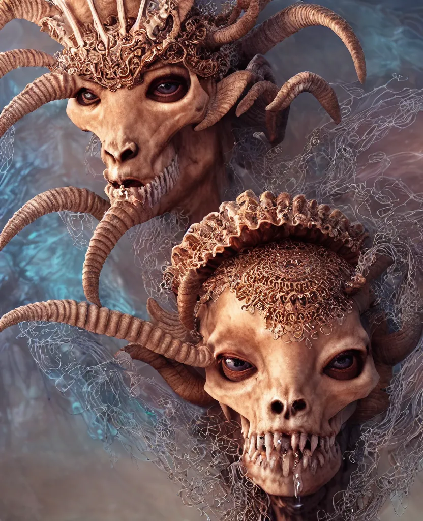 Image similar to close-up macro portrait of the face of a beautiful princess with ram goat satan mask, epic angle and pose, ribcage skeleton symmetrical artwork, 3d with depth of field, blurred background, cybernetic jellyfish female face phoenix bird, translucent, nautilus, energy flows of water and fire. a highly detailed epic cinematic concept art CG render. made in Maya, Blender and Photoshop, octane render, excellent composition, cinematic dystopian brutalist atmosphere, dynamic dramatic cinematic lighting, aesthetic, very inspirational, arthouse. y Greg Rutkowski, Ilya Kuvshinov, WLOP, Stanley Artgerm Lau, Ruan Jia and Fenghua Zhong