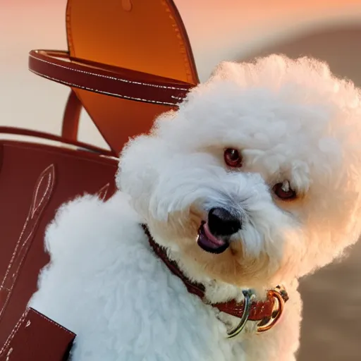 Prompt: a closeup photorealistic photograph of a smiling bichon frise peeking out of a Hermes handbag at the beach during sunset This 4K HD image is Trending on Artstation, featured on Behance, well-rendered, extra crisp, features intricate detail and the style of Unreal Engine.