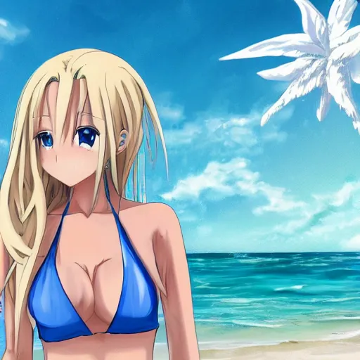 Prompt: anime visual of very cute girl with long blonde hair, at the beach in a blue bikini, highly detailed