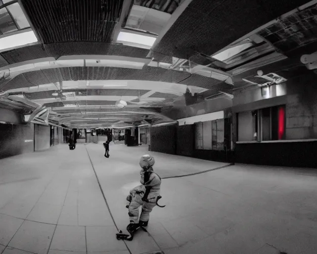 Image similar to camera footage of a Darpa Robots trying to stop skateboarders in an abandoned shopping mall, high exposure, dark, monochrome, camera, grainy, CCTV, security camera footage, timestamp, zoomed in, fish-eye lense, Robot, Skateboarding, Drone, Intense, Darpa,