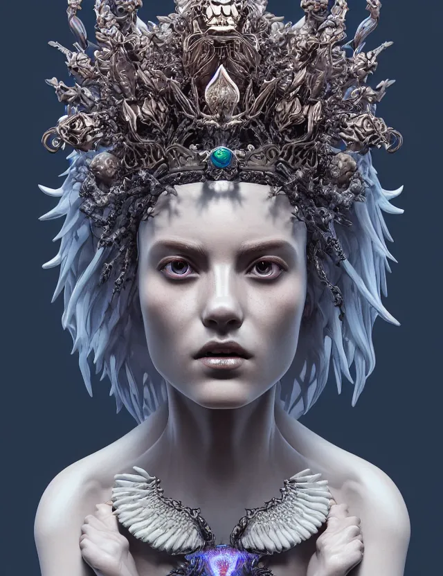 Image similar to symmetrical, centered, zbrush sculpt of goddess close-up portrait wigh crown made of skulls. phoenix betta fish, phoenix, bioluminiscent creature, super intricate ornaments artwork by Tooth Wu and wlop and alena aenami and greg rutkowski