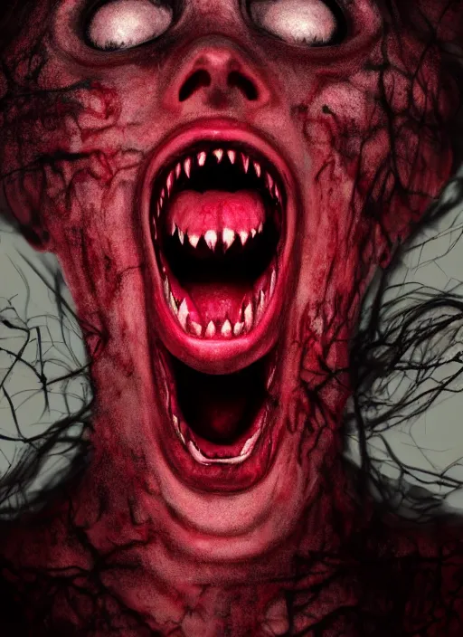 Image similar to dramatic dark red matte portrait painting of screaming insane woman with black mandelbrot fractal instead of face, horror, body horror, dark art, 4 k, detailed, realistic, psychotic, insane, crazy, mental illness, dramatic,