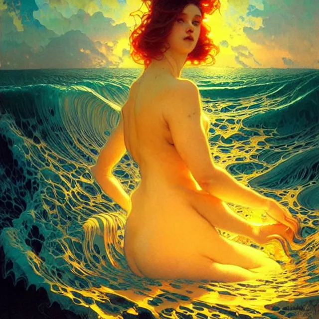 Image similar to mind bending ocean waves of glossy liquid psychedelic honey drops flowing like psychedelic translucent amber, lsd waves, lsd ripples, backlit, sunset, refracted lighting, art by collier, albert aublet, krenz cushart, artem demura, alphonse mucha