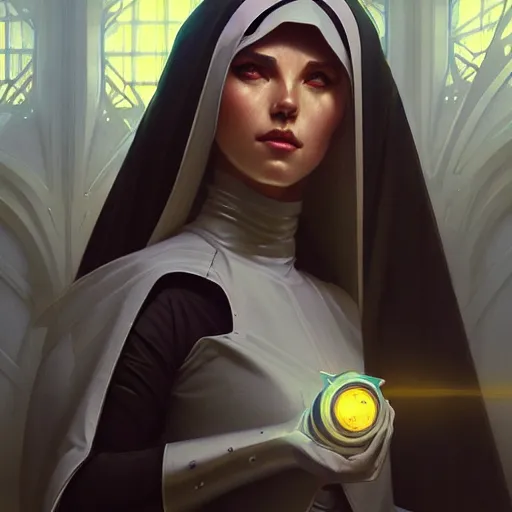 Image similar to futuristic nun, sci-fi, fantasy, intricate, elegant, highly detailed, digital painting, artstation, concept art, smooth, sharp focus, illustration, art by artgerm and greg rutkowski and alphonse mucha