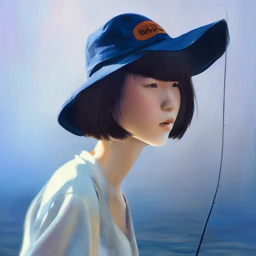 Image similar to oil painting by ilya kuvshinov,, baugh casey, craig mullins, coby whitmore, of a youthful japanese girl, long hair, fishing and wearing fisherman's outfit, fisherman's hat, highly detailed, breathtaking face, studio photography, noon, intense bounced light, water reflection, large tree casting shadow, serine intense sunlight