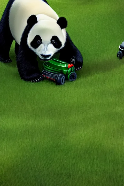 Image similar to a panda driving a lawn mower mowing his lawn, suburban garden, cgsociety and beeple highly detailed, cinematic lighting, illustration, art, octane render, unreal engine lumen, very coherent. cinematic, hyper realism, high detail, octane render, 8 k