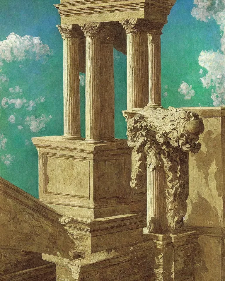 Image similar to achingly beautiful painting of intricate ancient roman corinthian capital on emerald background by rene magritte, monet, and turner. giovanni battista piranesi.