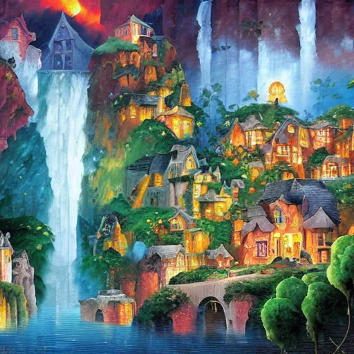 Image similar to waterfall village by james christensen, rob gonsalves, paul lehr, leonid afremov and tim white