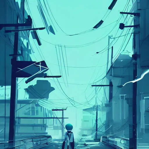 Prompt: teal and white colors. Utility poles in style of cytus and deemo, mysterious vibes, set in half-life 2, beautiful with eerie vibes, very inspirational, very stylish, surrealistic, perfect digital art, mystical journey in strange world, bastion game