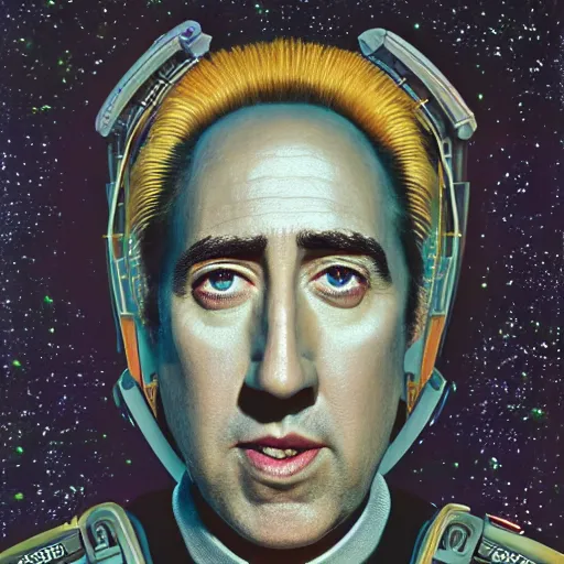 Prompt: Official galactic portrait of Emperor Nicholas Cage, robot Overlord in the year 3499, Kodak Portra, 85mm, F 2.8